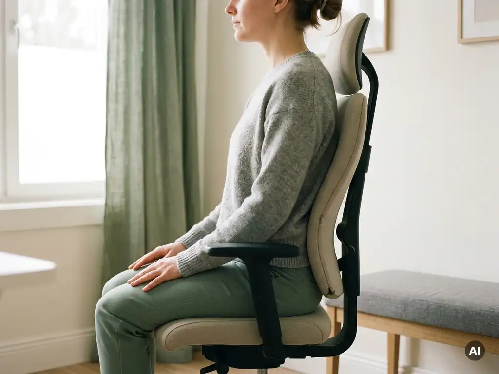 Persoon met rechte ruggengraat zittend in ergonomische stoel, zijaanzicht met natuurlijk raamlicht en rustgevende sfeer.