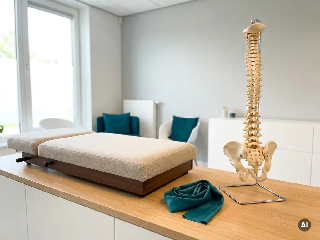 Chiropractische behandeltafel met fysiotherapieweerstandsband en anatomisch wervelkolommodel in moderne Nederlandse kliniek.