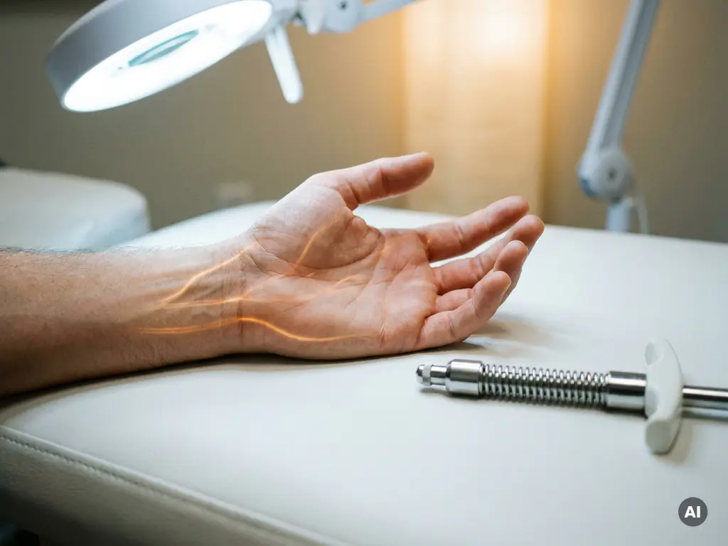 Hand met zichtbare zenuwbanen op witte klinische ondergrond, chiropractisch instrument op de achtergrond, zachte medische belichting.