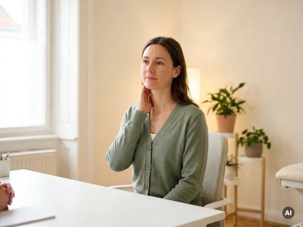 Persoon met rechte rughouding aan wit bureau, hand licht tegen de nek, in een rustige consultatieruimte met zacht natuurlijk licht.