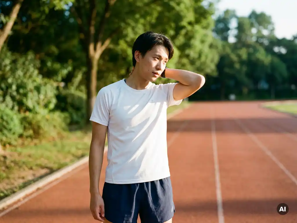 Hardloper op atletiekbaan die nek aanraakt tijdens stretch, atletische kleding in wit en marineblauw, gouden uursbelichting.