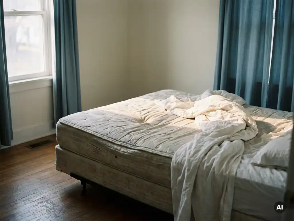 Doorgezakte matras met zichtbare inkeping in het midden, gekreukt wit linnen in zacht ochtendlicht, slaapkamer met koele grijstinten.