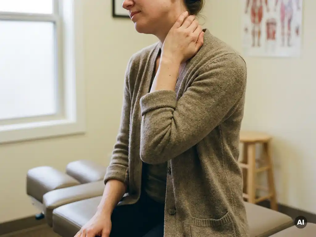 Persoon houdt nek vast in chiropractische praktijk, zachte zijdelingse belichting, rustgevende sfeer.