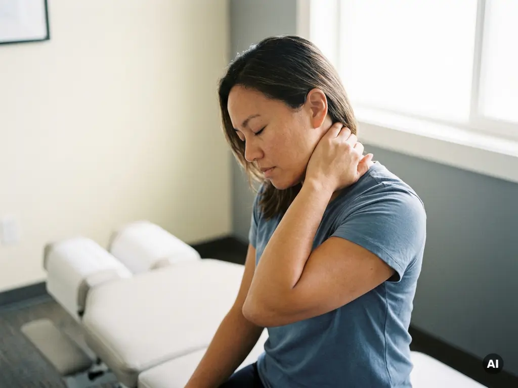 Persoon houdt hand tegen nek bij nekpijn, zittend in chiropractische behandelkamer met witte behandeltafel op achtergrond.