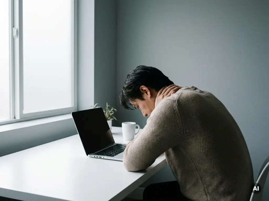 Persoon met gespannen nek en opgetrokken schouders gebogen over laptop aan wit bureau, zichtbare nekspanning.