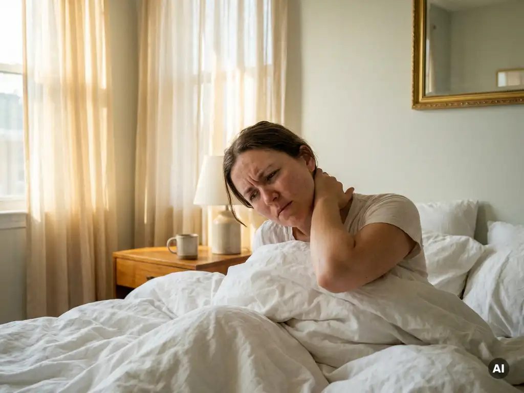 Persoon die wakker wordt in bed en een gespannen nek vasthoudt, omringd door witte lakens in warm ochtendlicht.