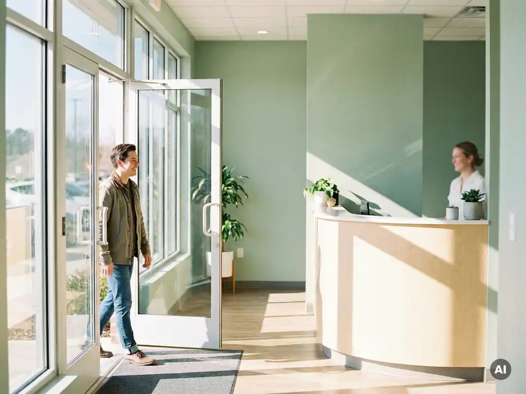 Patiënt loopt zelfverzekerd een moderne chiropractische kliniek binnen via glazen deur, lichte receptie op de achtergrond.