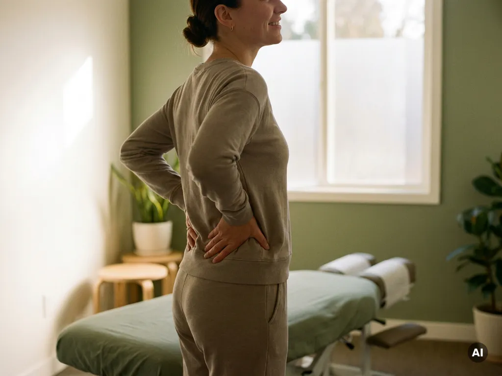 Persoon houdt beide handen tegen de onderrug in een rustige chiropractische behandelkamer met een gestoffeerde tafel op de achtergrond.