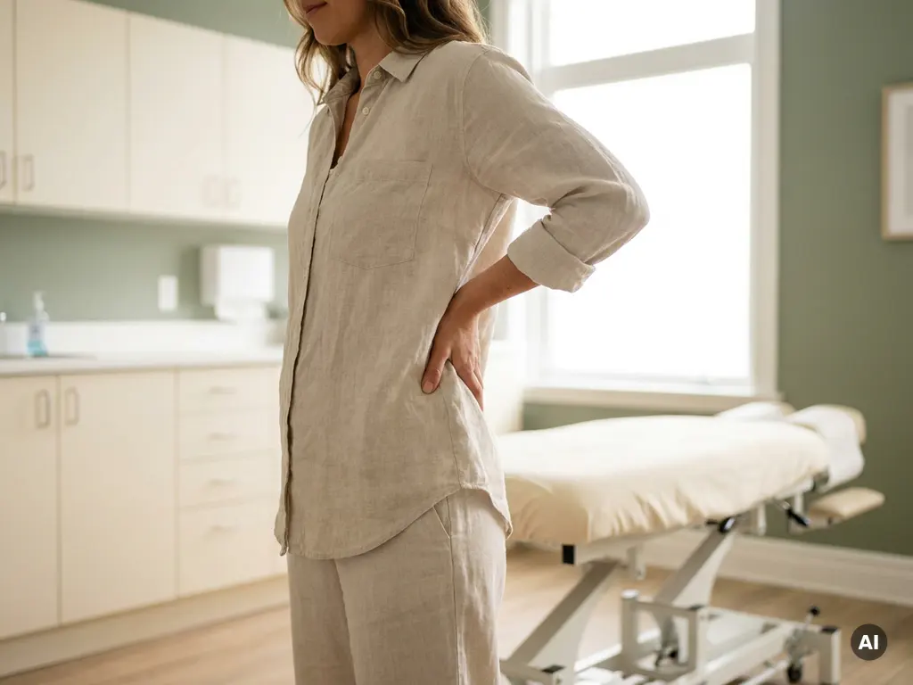 Persoon met hand op lage rug in verlichte chiropractische behandelkamer met verstelbare behandeltafel op de achtergrond.