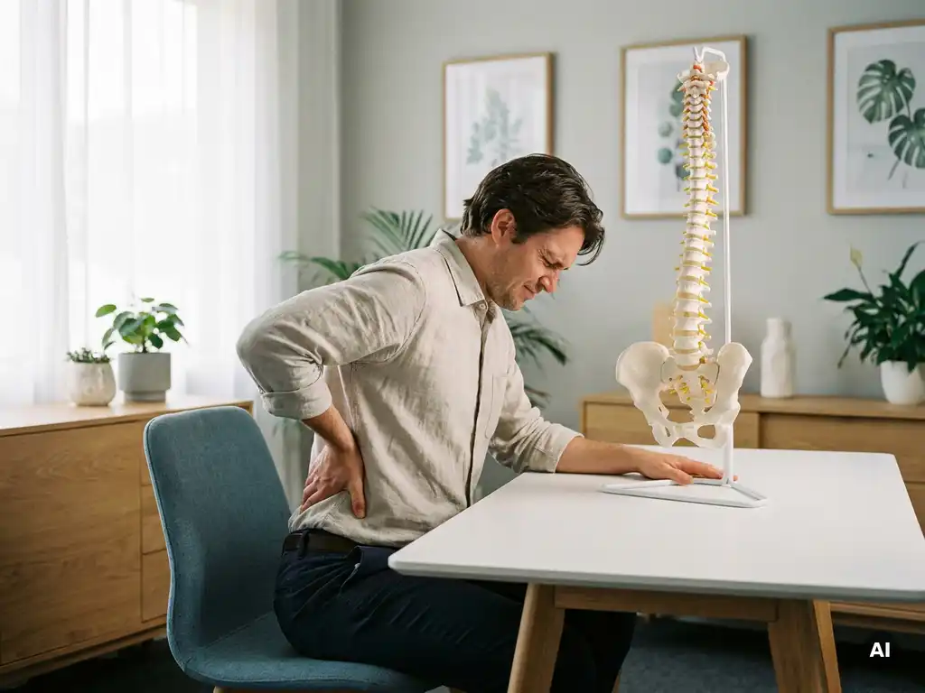 Persoon met lage rugpijn in chiropractische spreekkamer, handen op onderrug, anatomisch wervelkolommodel op bureau.