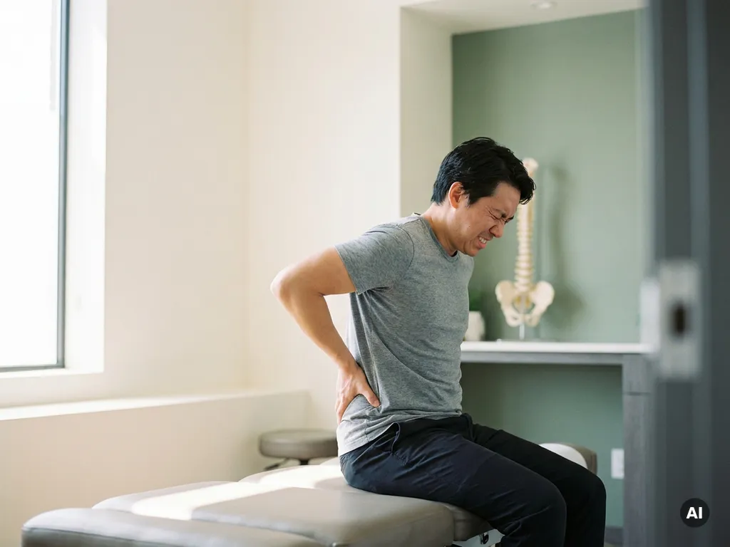 Persoon met rugpijn op onderzoektafel in chiropractische praktijk, handen op onderrug, wervelkolommodel op achtergrond.