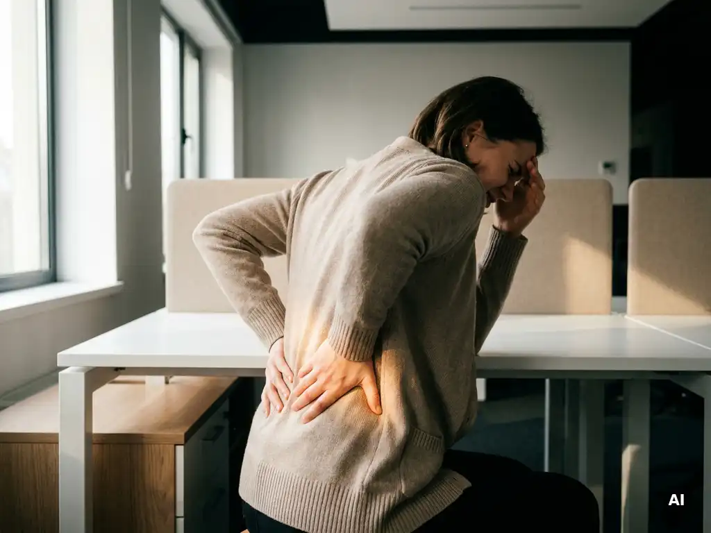 Persoon aan bureau met handen op de lage rug door rugpijn, verlicht door zacht natuurlijk raamlicht.