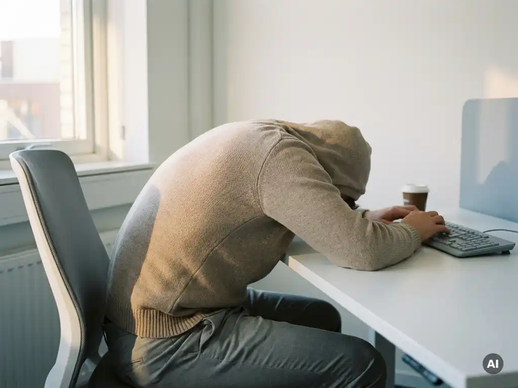 Persoon voorovergebogen aan wit bureau met gebogen ruggengraat en handen op toetsenbord, zichtbare rugspanning in kantooromgeving.