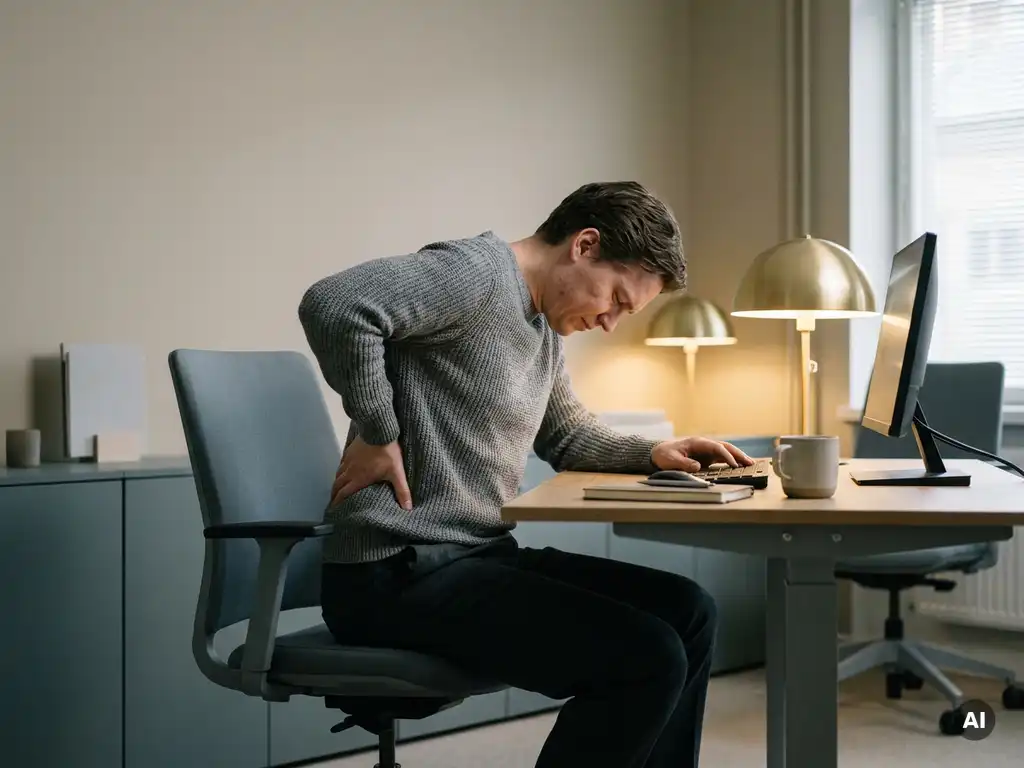 Kantoormedewerker met gespannen schouders en hand op lage rug bij modern bureau met warme bureaulamp.