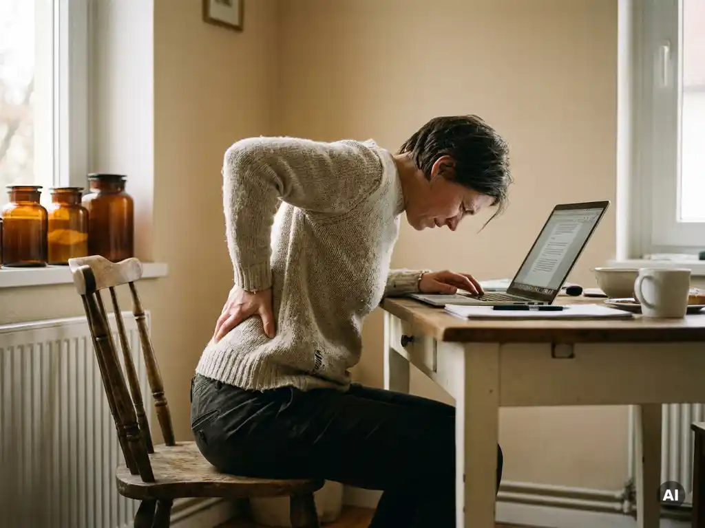 Persoon met rugpijn die voorovergebogen zit aan een keukentafel met laptop in een thuiskantoor, hand op de onderrug.