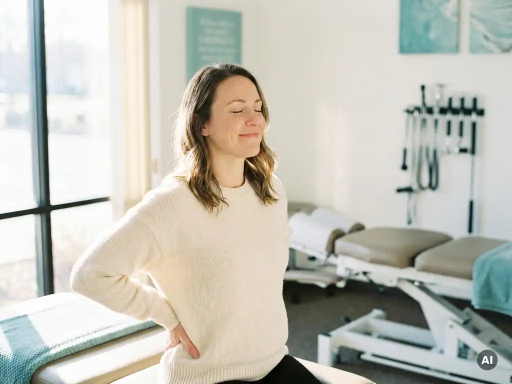 Persoon zit rechtop op behandeltafel met handen op onderrug, zichtbaar verlicht, in moderne chiropractische praktijk.