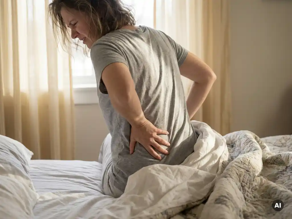 Persoon die 's ochtends moeizaam rechtop komt in bed met zichtbare spanning in de onderrug, zacht ochtendlicht.
