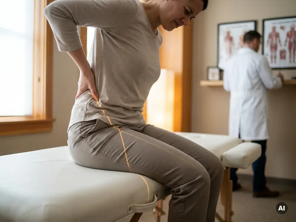 Persoon op behandeltafel die lage rugpijn aanraakt, met gouden zenuwbaan langs het been zichtbaar in chiropractische praktijk.
