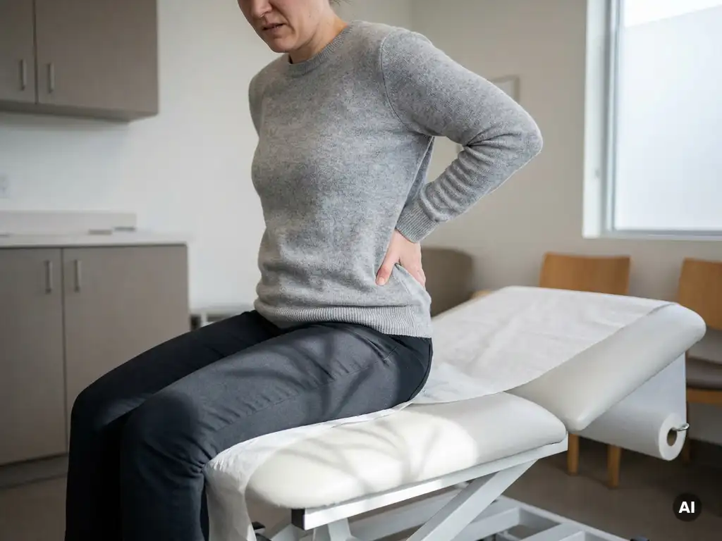 Persoon op onderzoektafel met hand op lage rug, zichtbare spierspanning, zenuwbaan langs het been, klinische omgeving met zacht raamlicht.