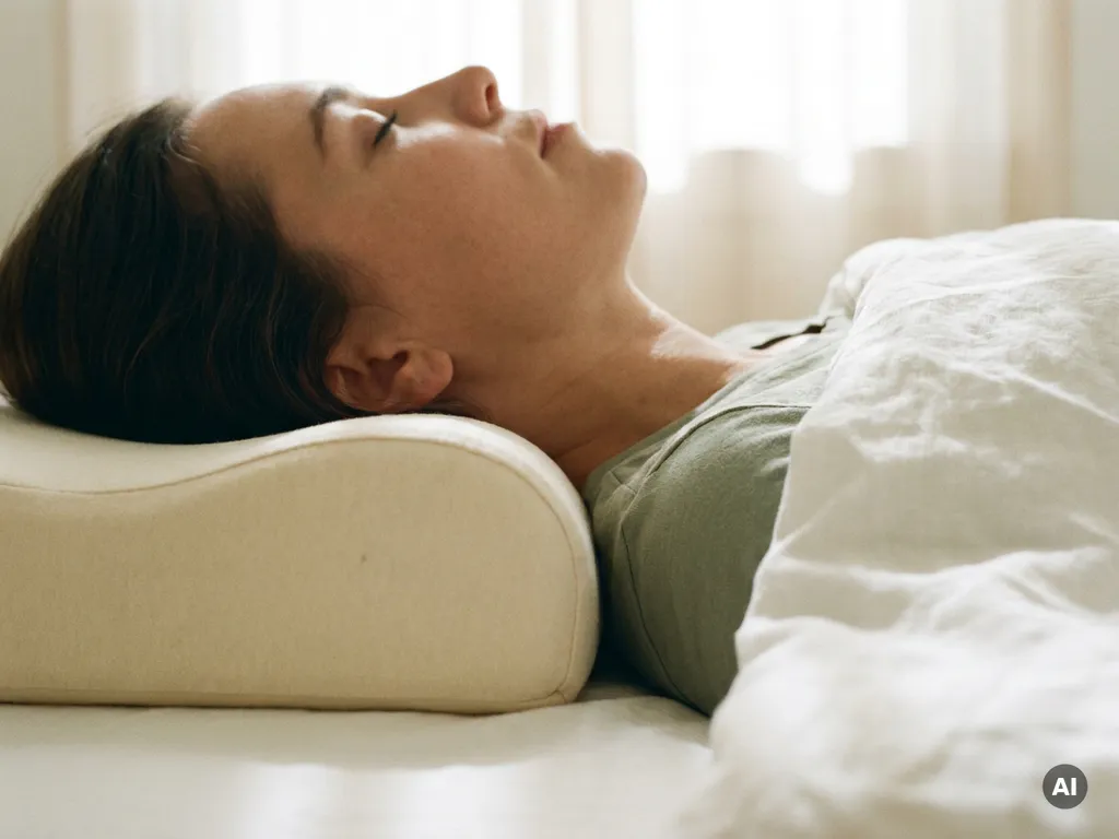 Persoon op zij slapend met hoofd op ergonomisch kussen, nek in natuurlijke uitlijning, zacht wit beddengoed in ochtendlicht.
