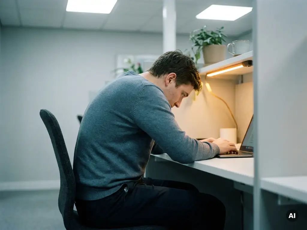 Persoon met voorovergebogen houding en gekromde ruggengraat aan een modern bureau, met nadruk op nek en bovenrug.