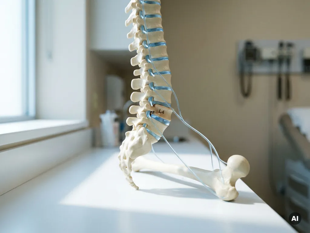 Anatomisch wervelkolommodel met verschoven lumbale wervel en zenuwbaan richting het been, op wit klinisch oppervlak.